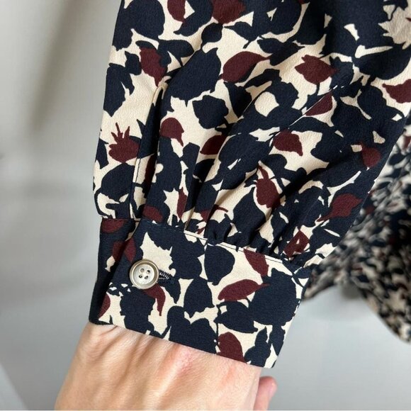 LOFT Womens Size 2 Navy Blue Burgundy Cream Floral Long Sleeve Tie Neck Romper - Picture 6 of 15